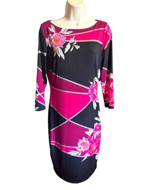 Cache Floral Sheath Dress Size 2 Black Pink 3/4 Sleeve Stretch Cocktail Career